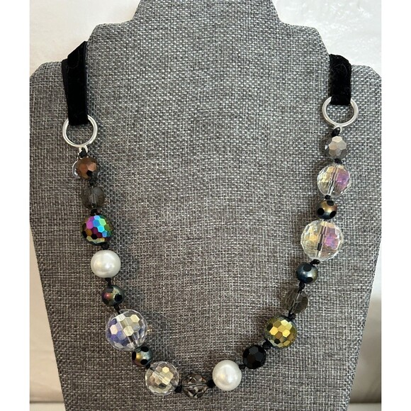 Cookie Lee Multicolor Art Glass Crystal Beaded Ribbon Tie Necklace Signed - Picture 1 of 2